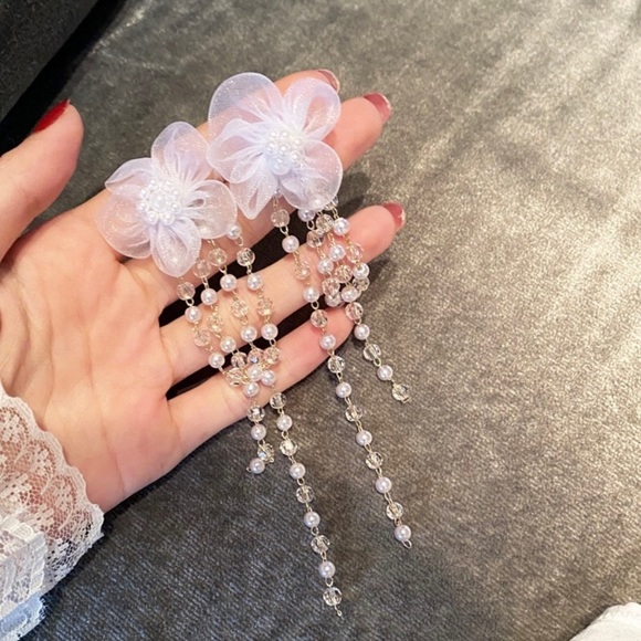 Jewelry - Pearl Crystal Flower Tassel Dangle Drop Earrings